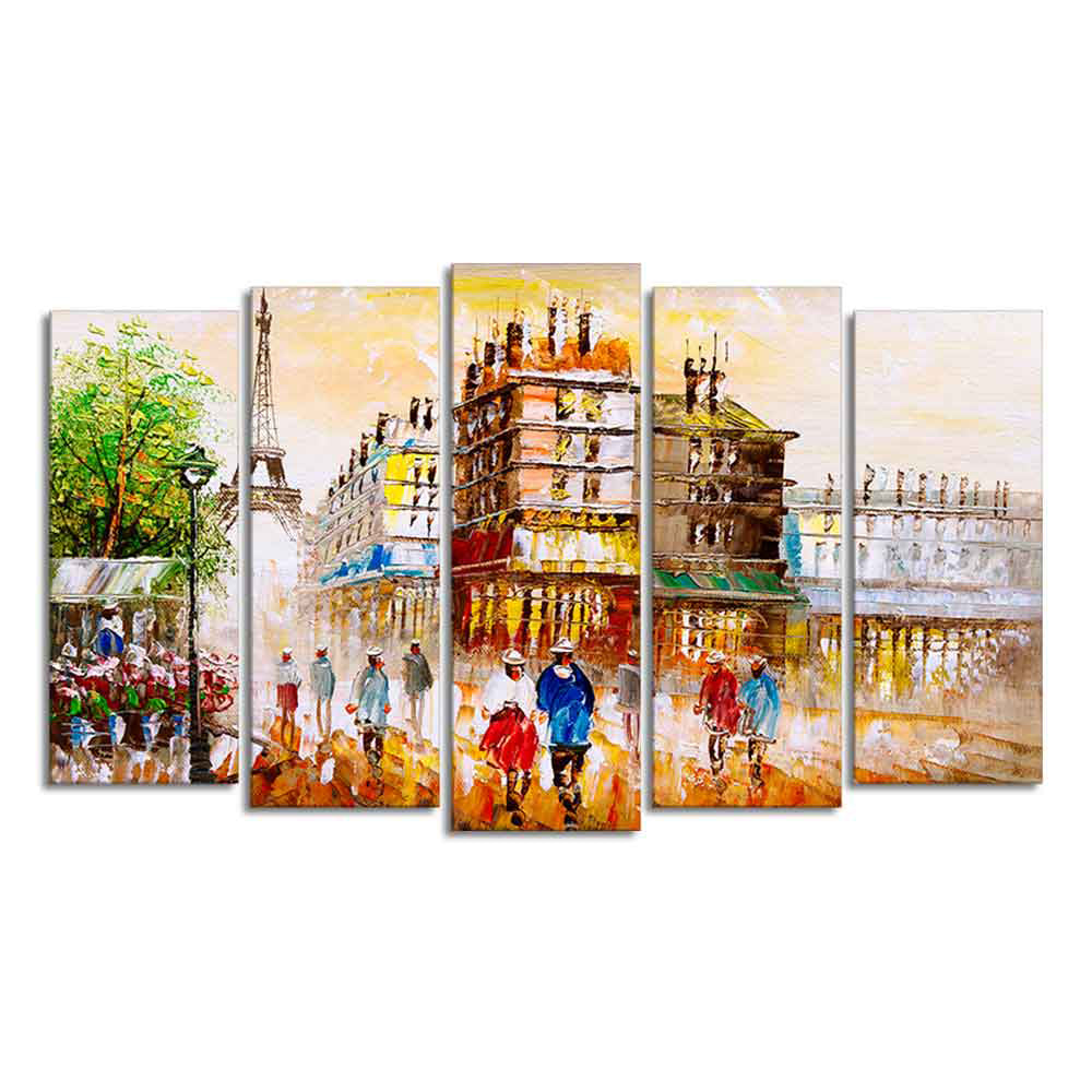 Street View of Paris Premium Canvas Wall Painting Set of Five Pieces