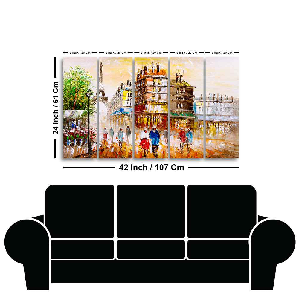 Street View of Paris Premium Wall Painting Set of Five Pieces