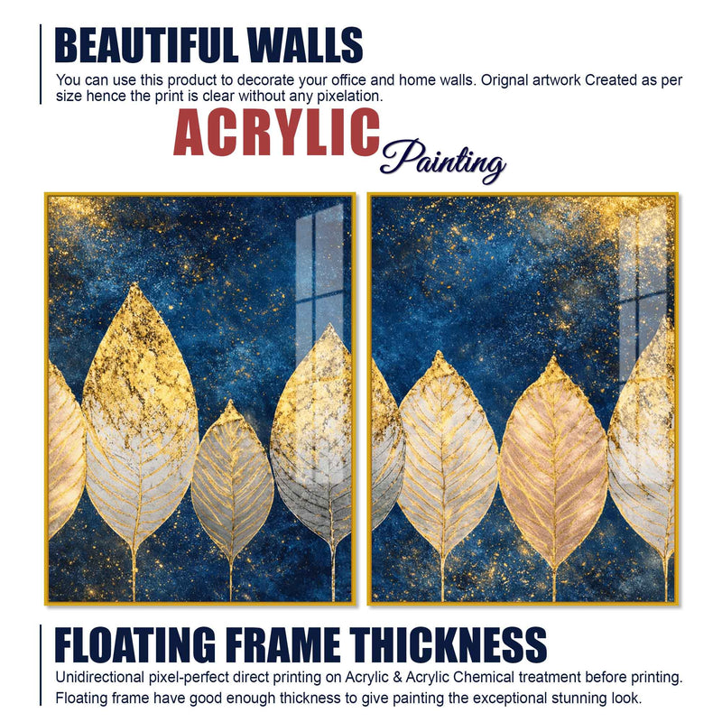 Stunning Golden Botanical Leaves Acrylic Floating Wall Painting Set of 2