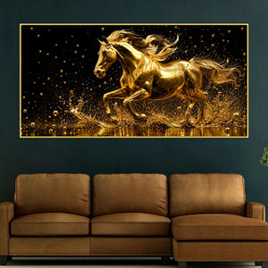 Stunning Golden Galloping Stallion 3D Canvas Wall Painting