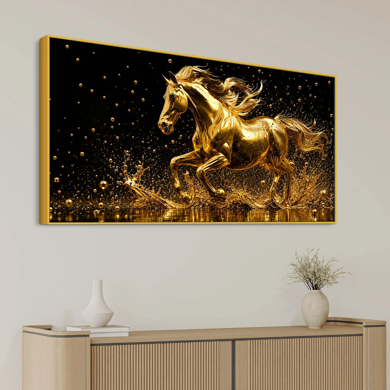 Stunning Golden Galloping Stallion 3D Canvas Wall Painting