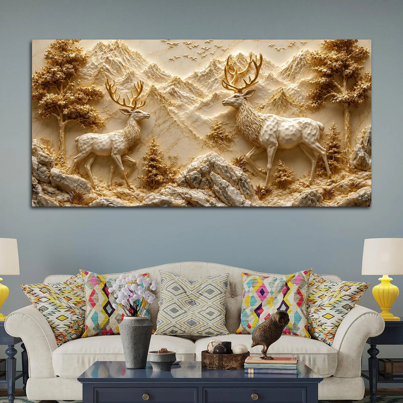 Stunning Stag Pair in the Golden Mountain Valley 3D Canvas Wall Painting