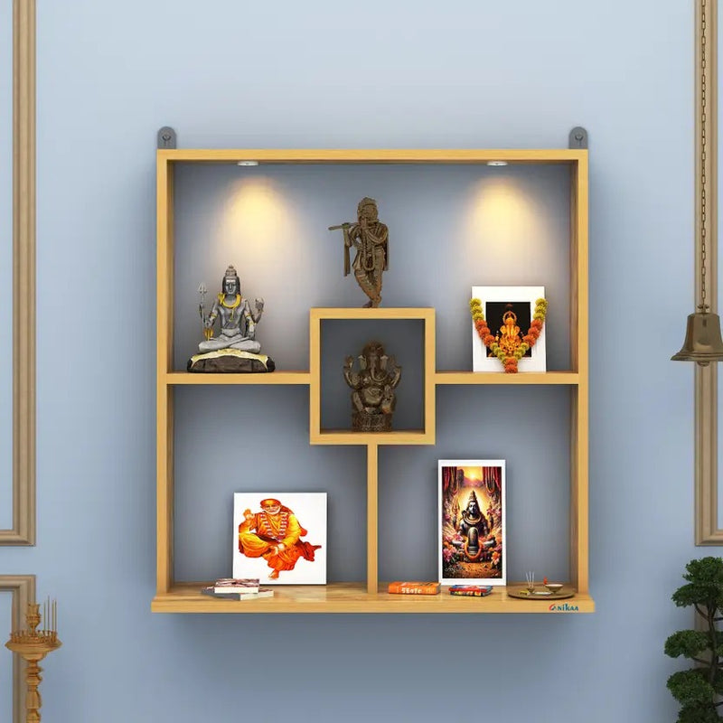Stunning Wall Mounted Shelf Styled Wooden Temple with LED Lights for Home