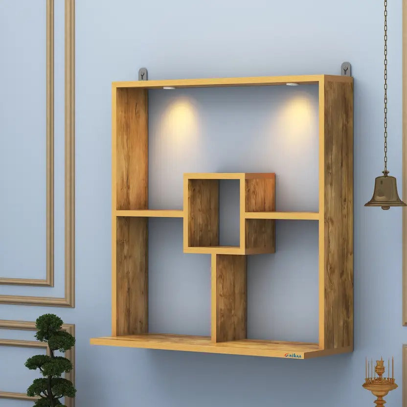 Stunning Wall Mounted Shelf Styled Wooden Temple with LED Lights for Home