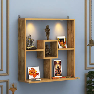 Stunning Wall Mounted Shelf Styled Wooden Temple with LED Lights for Home