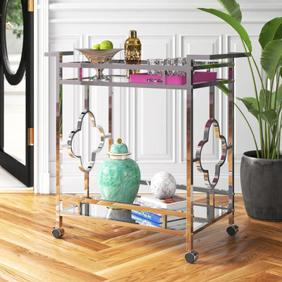Stylish Bar Cart with Mirror Shelves and Metallic Glam Trolley