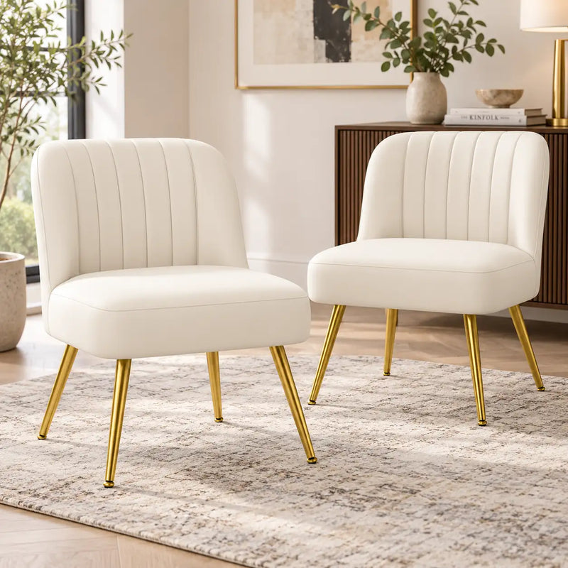 Stylish Cream Channel-Tufted Lounge Chair with Golden Metal Legs