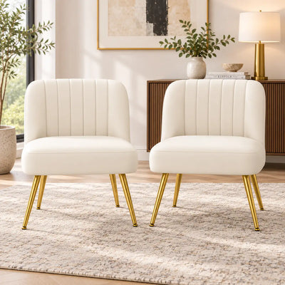 Stylish Cream Channel-Tufted Lounge Chair with Golden Metal Legs