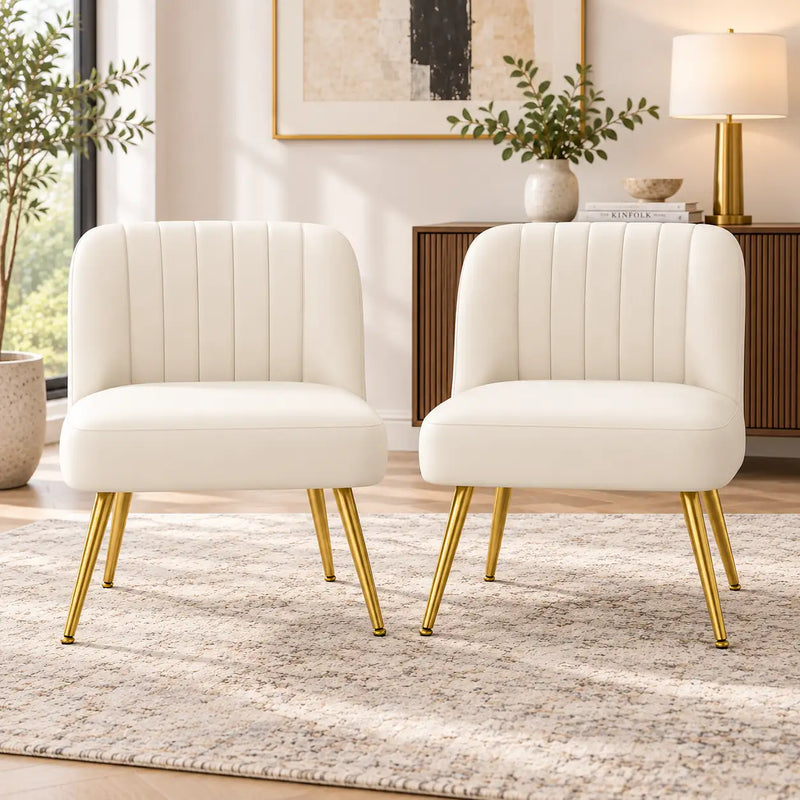 Stylish Cream Channel-Tufted Lounge Chair with Golden Metal Legs
