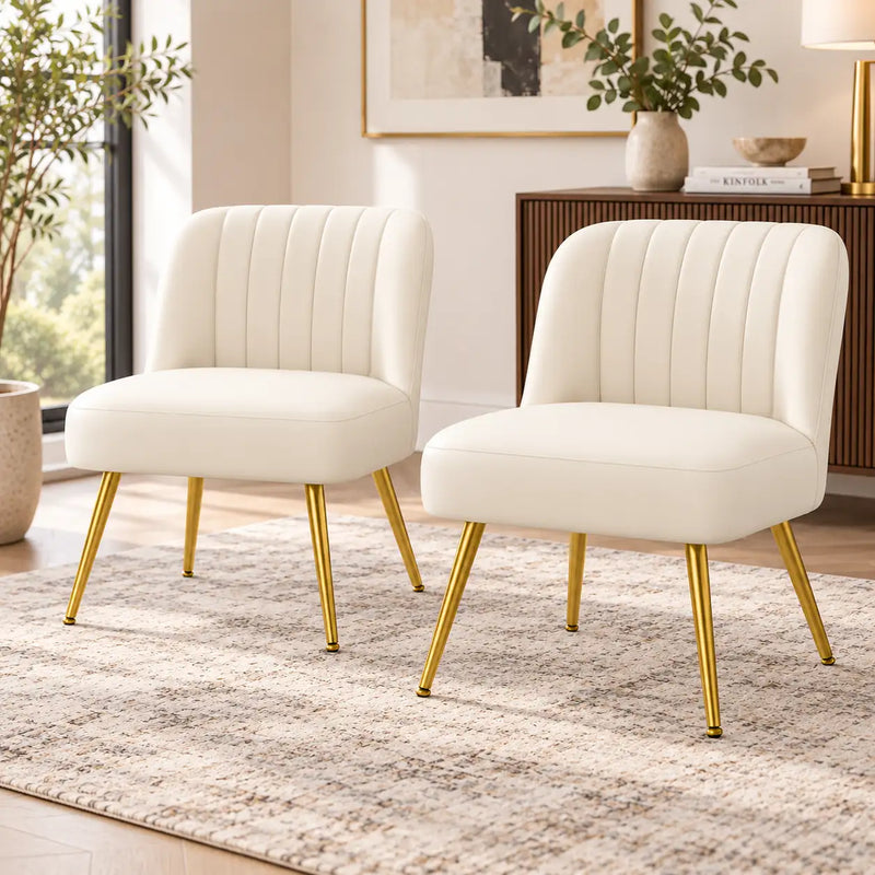 Stylish Cream Channel-Tufted Lounge Chair with Golden Metal Legs