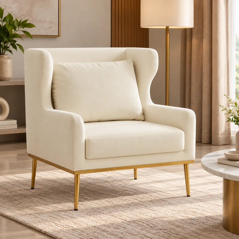 Stylish Cream Upholstered Wingback Chair with High Back & Golden Metal Legs