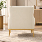 Stylish Cream Upholstered Wingback Chair with High Back & Golden Metal Legs