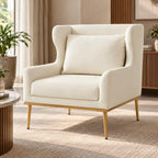 Stylish Cream Upholstered Wingback Chair with High Back & Golden Metal Legs