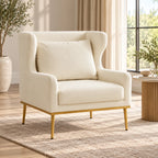 Stylish Cream Upholstered Wingback Chair with High Back & Golden Metal Legs