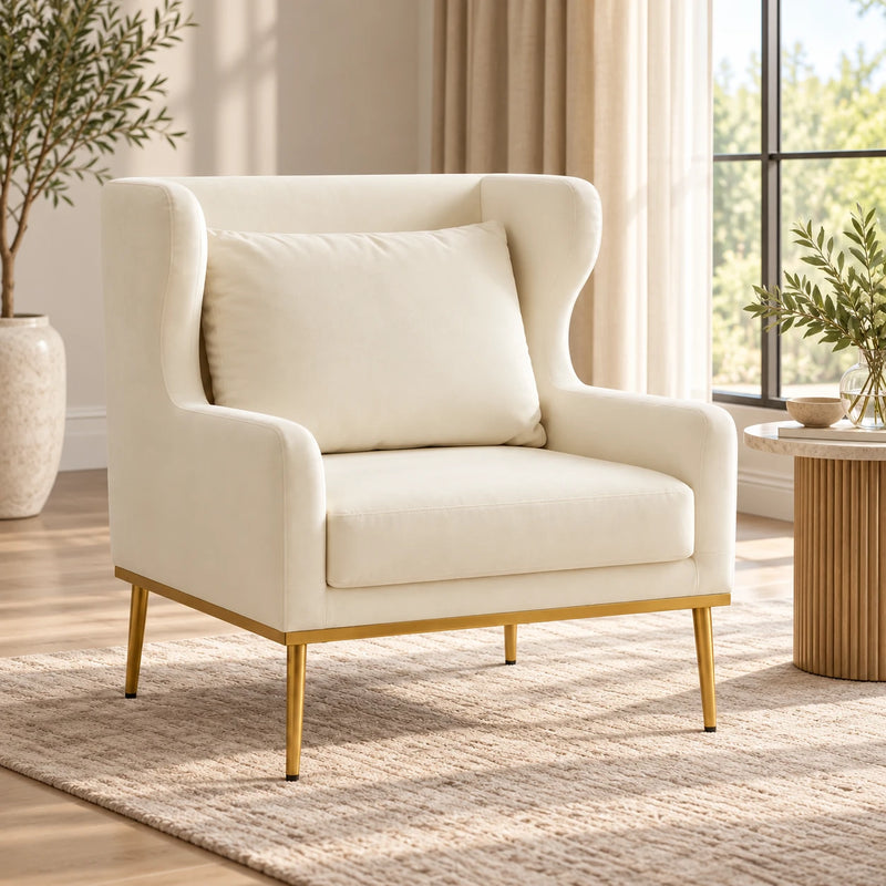 Stylish Cream Upholstered Wingback Chair with High Back & Golden Metal Legs