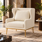 Stylish Cream Upholstered Wingback Chair with High Back & Golden Metal Legs