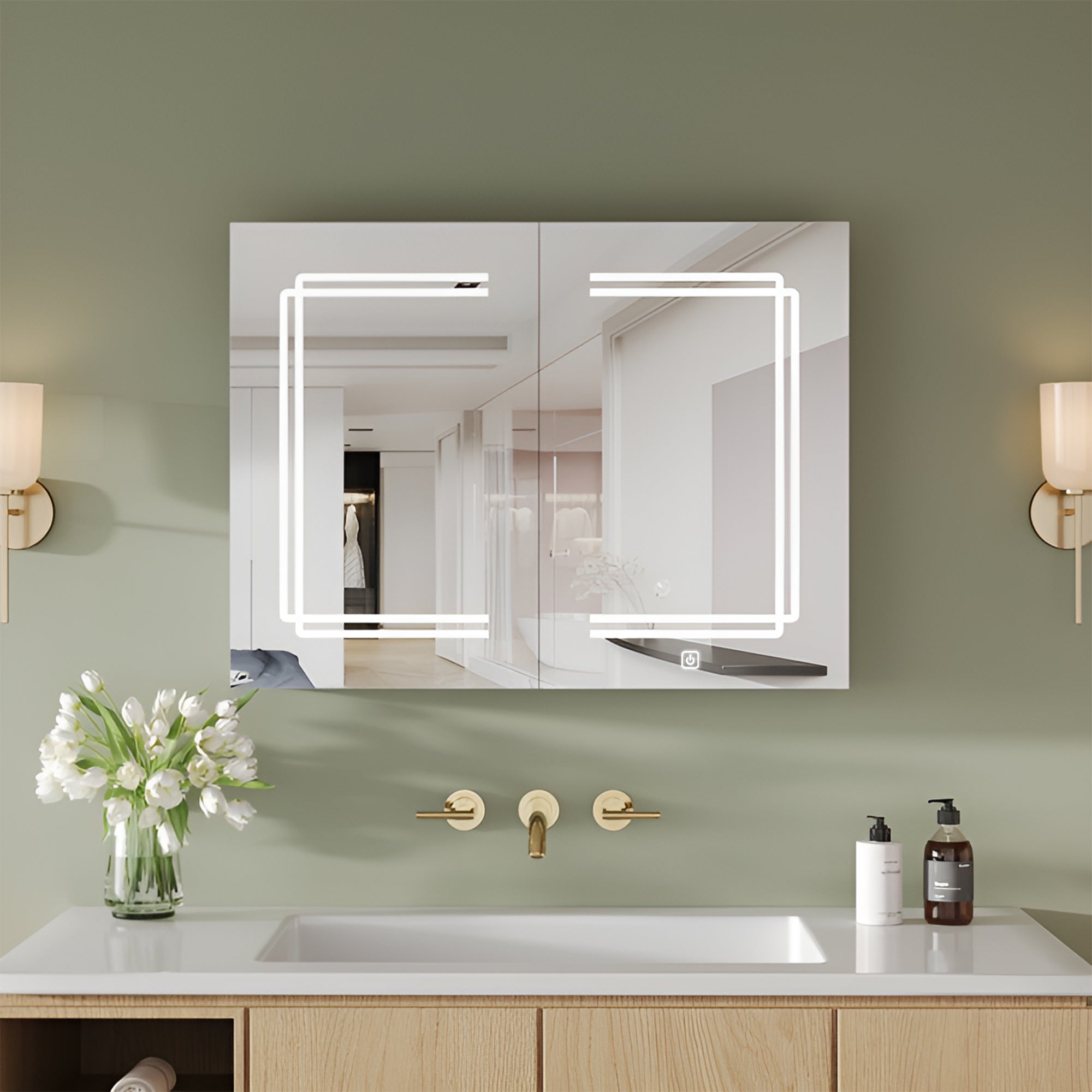 Stylish Double Panel Mirror Cabinet with LED Border and Storage
