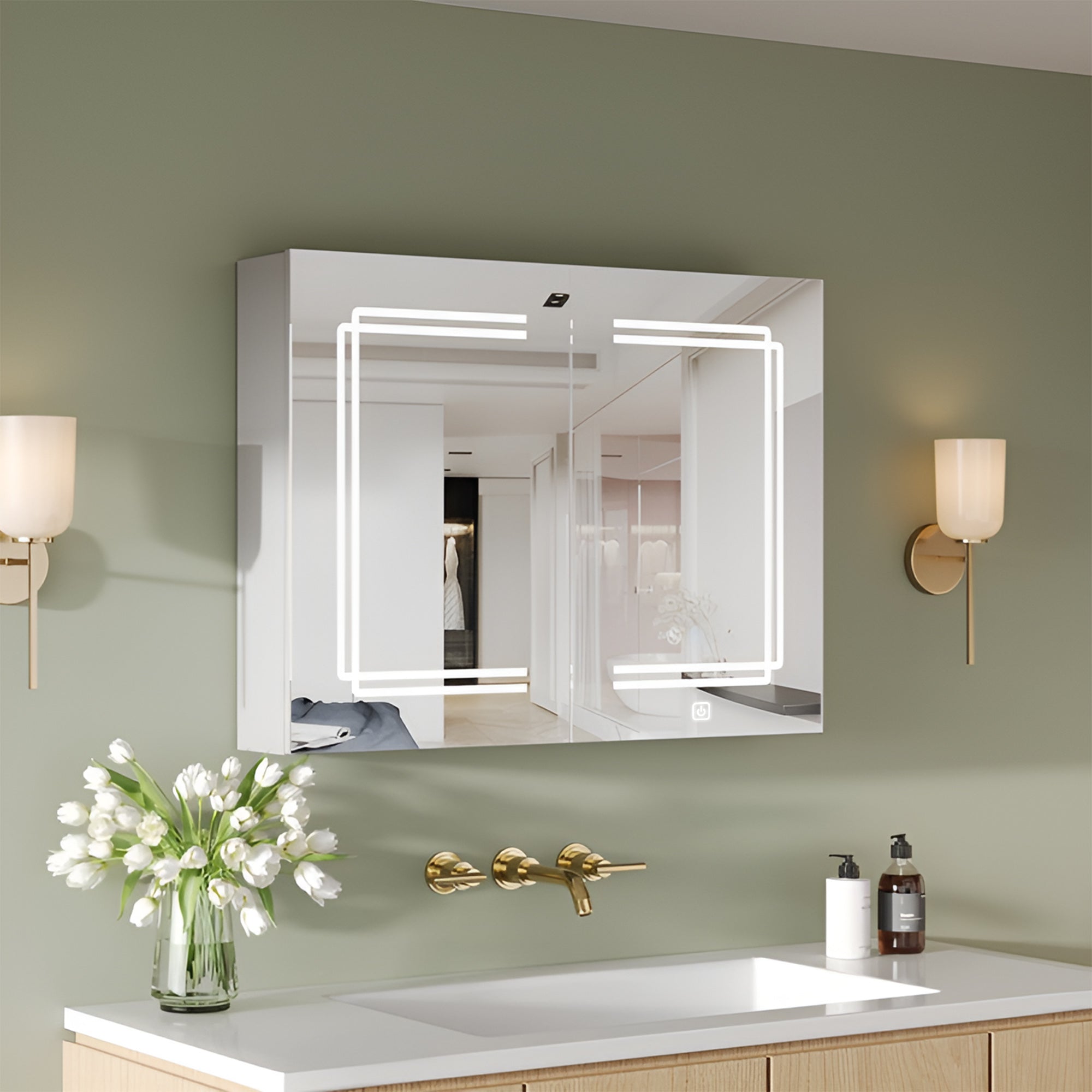 Stylish Double Panel Mirror Cabinet with LED Border and Storage
