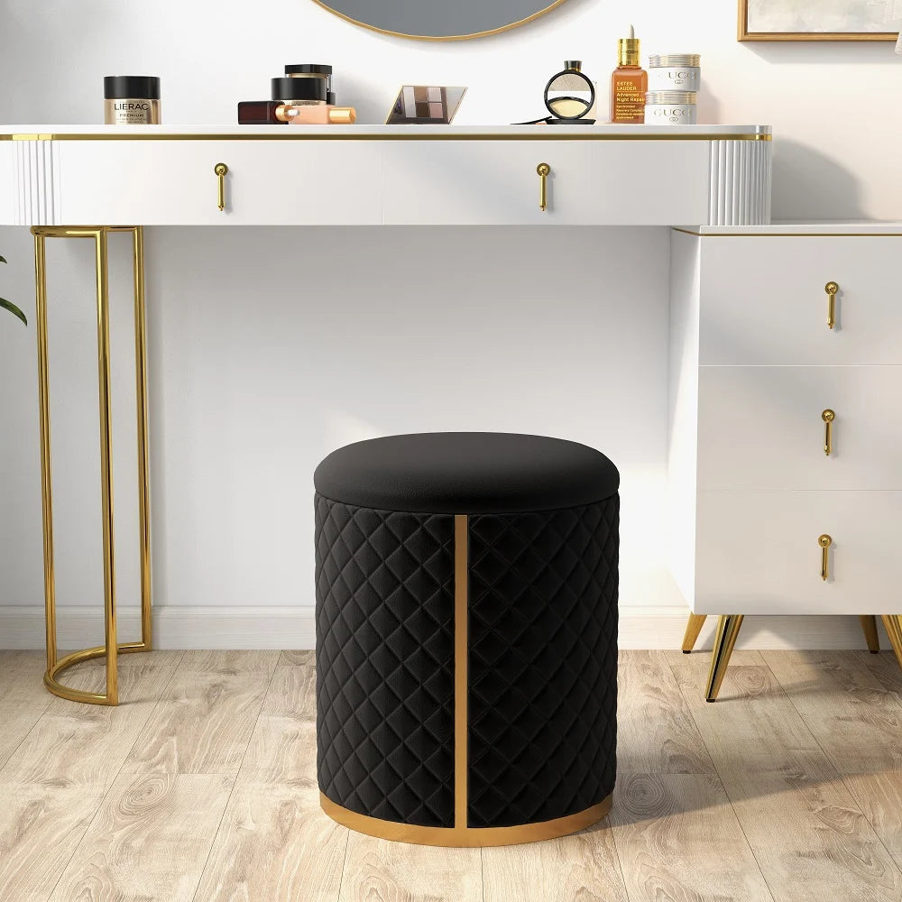 Stylish Faux Leather Pouffe with Gold Bottom Ring Design Ottoman
