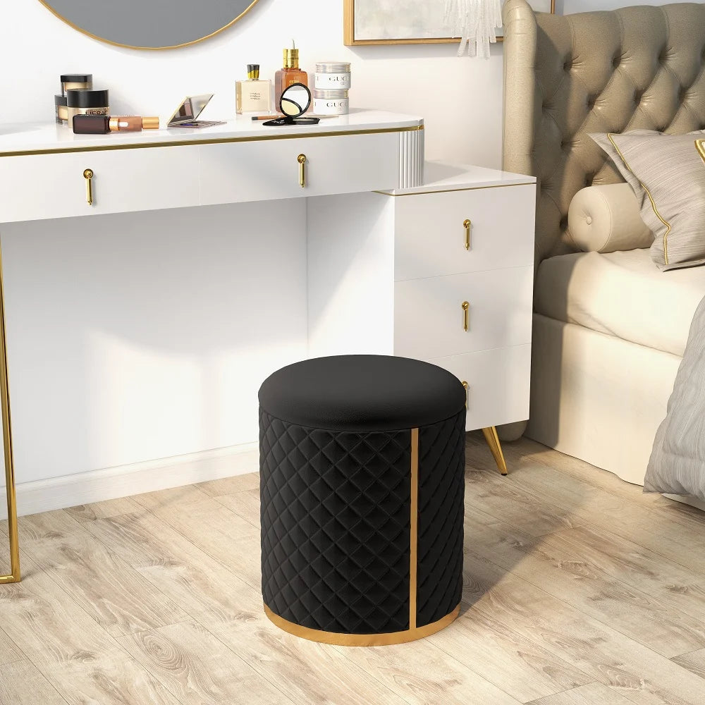 Stylish Faux Leather Pouffe with Gold Bottom Ring Design Ottoman