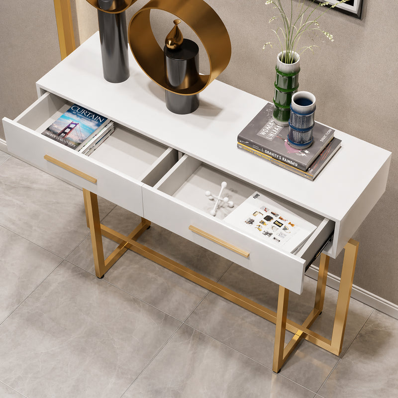 Stylish White Cabinet Table with Metallic Touch