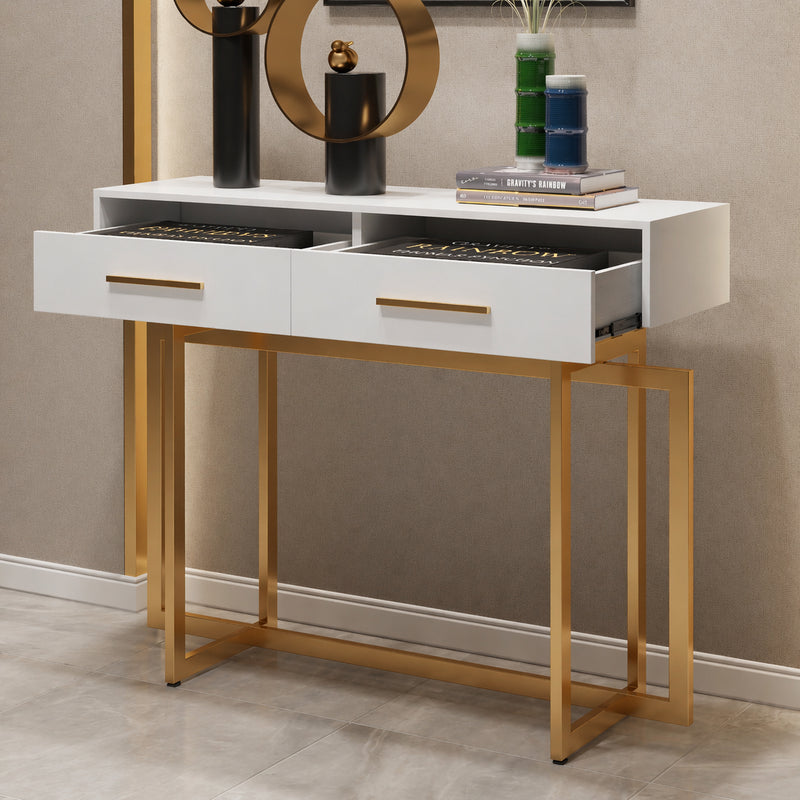 Stylish White Cabinet Table with Metallic Touch