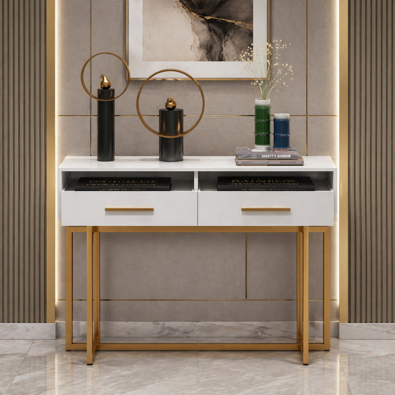 Stylish White Cabinet Table with Metallic Touch