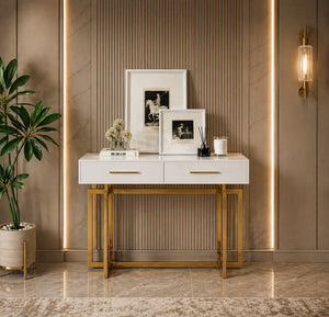 Stylish White Cabinet Table with Metallic Touch