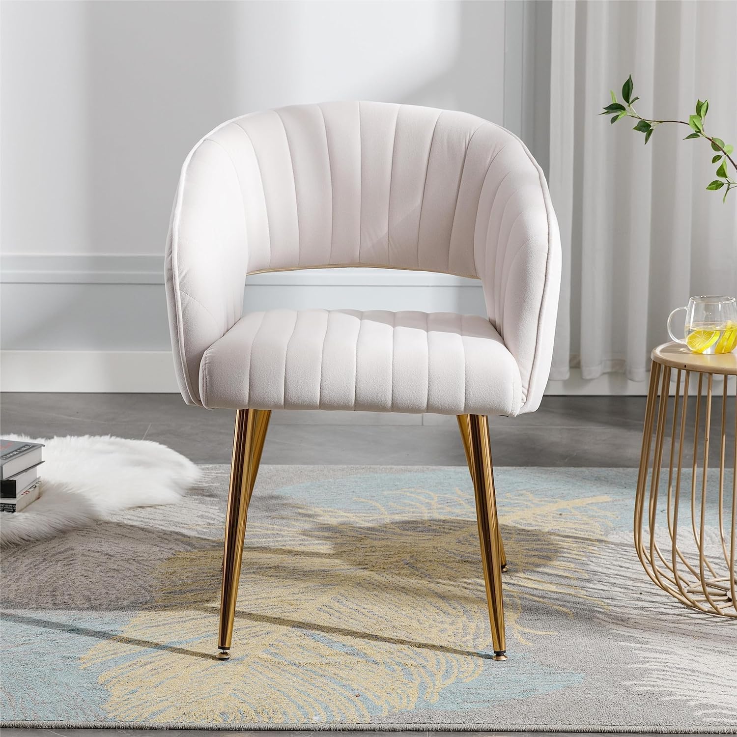 Stylish White Dining Accent Chair with Polished Gold Legs