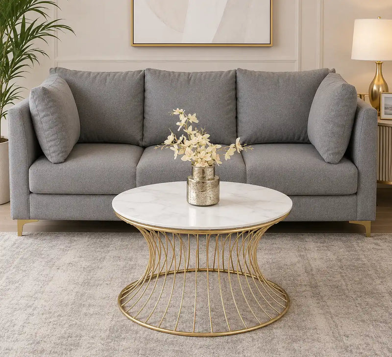 Stylish Wire Base Center Table with Round Marble Surface