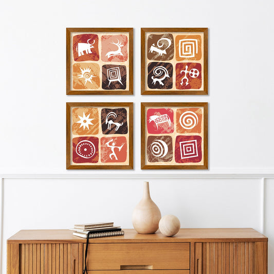 Stylized Petroglyphs Checkered Structure Art Wall Frame Set of Four