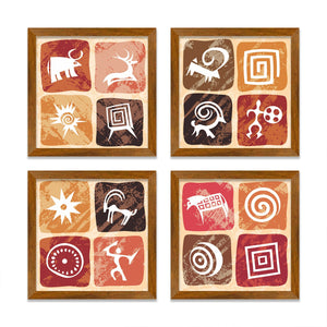 Stylized Petroglyphs Checkered Structure Art Wall Frame Set of Four