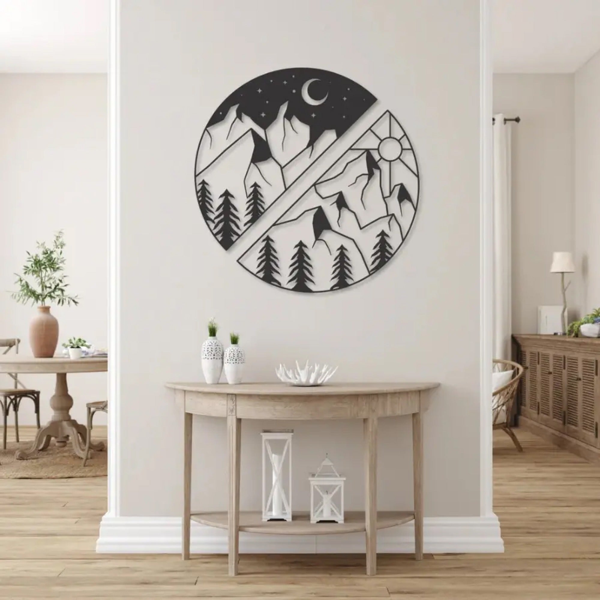 Sun and Moon Behind the Mountains Metal Art Wall Decor