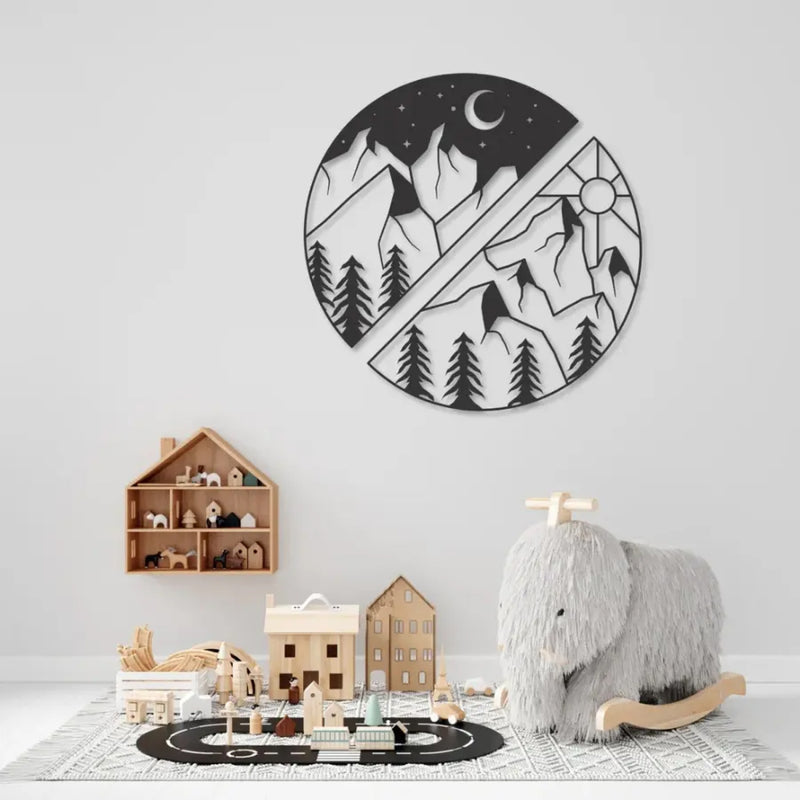 Sun and Moon Behind the Mountains Metal Art Wall Decor