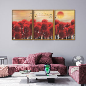 Sunset with Red Tree Premium Floating Canvas Wall Painting Set of Three