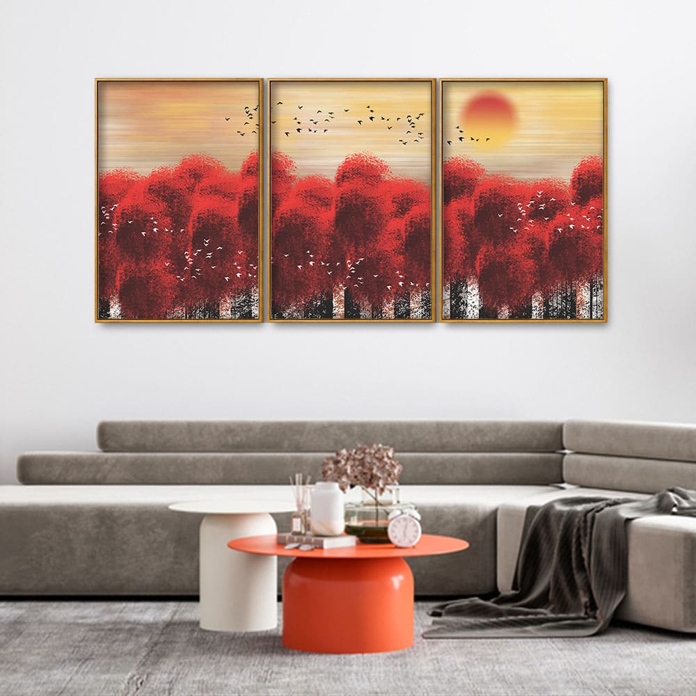 Sunset with Red Tree Premium Floating Canvas Wall Painting Set of Three