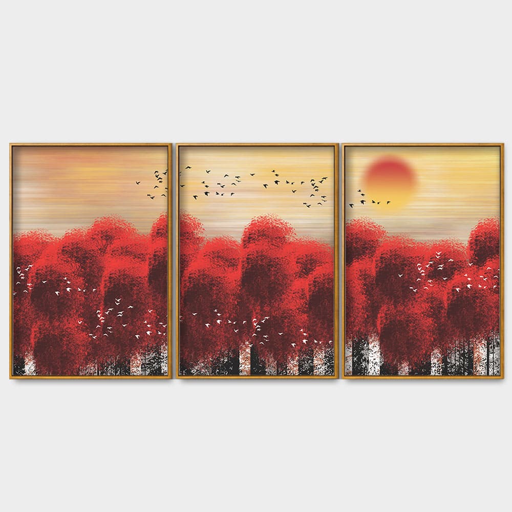 Sunset with Red Tree Premium Floating Canvas Wall Painting Set of Three