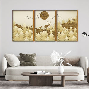 Swamp Deer in Forest Premium Floating Canvas Wall Painting Set of Three