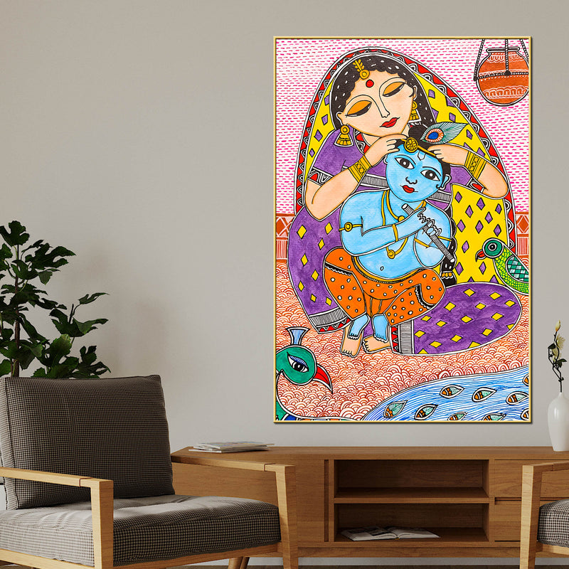 Sweet Bal Gopal Shri Krishna with Mother Yashoda Canvas Wall Painting for Home & Office