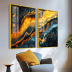 Swirling Golden Abstract Textured Acrylic Art Floating Wall Painting Set of 2