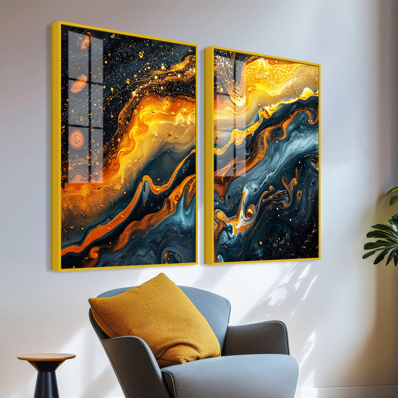 Swirling Golden Abstract Textured Acrylic Art Floating Wall Painting Set of 2
