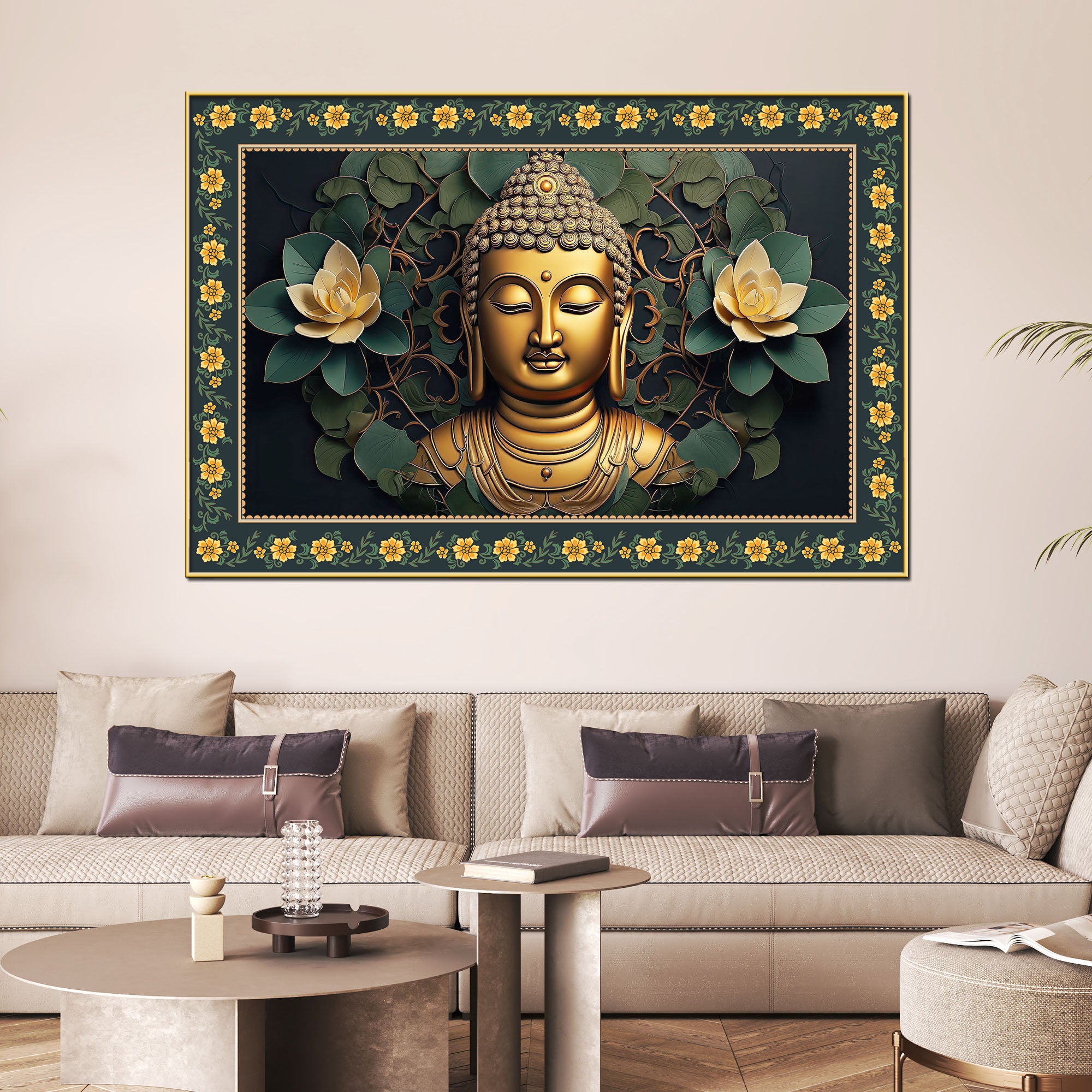 Symbol of Peace Gautam Buddha Border Canvas Wall Painting