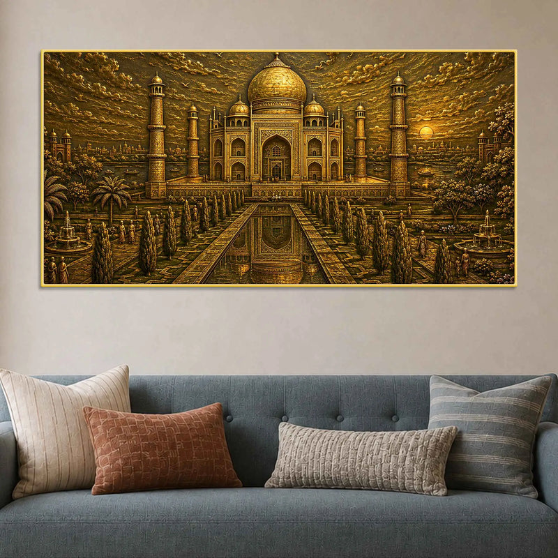 Taj Mahal at Sunset Golden Metallic Look 3D Canvas Wall Painting