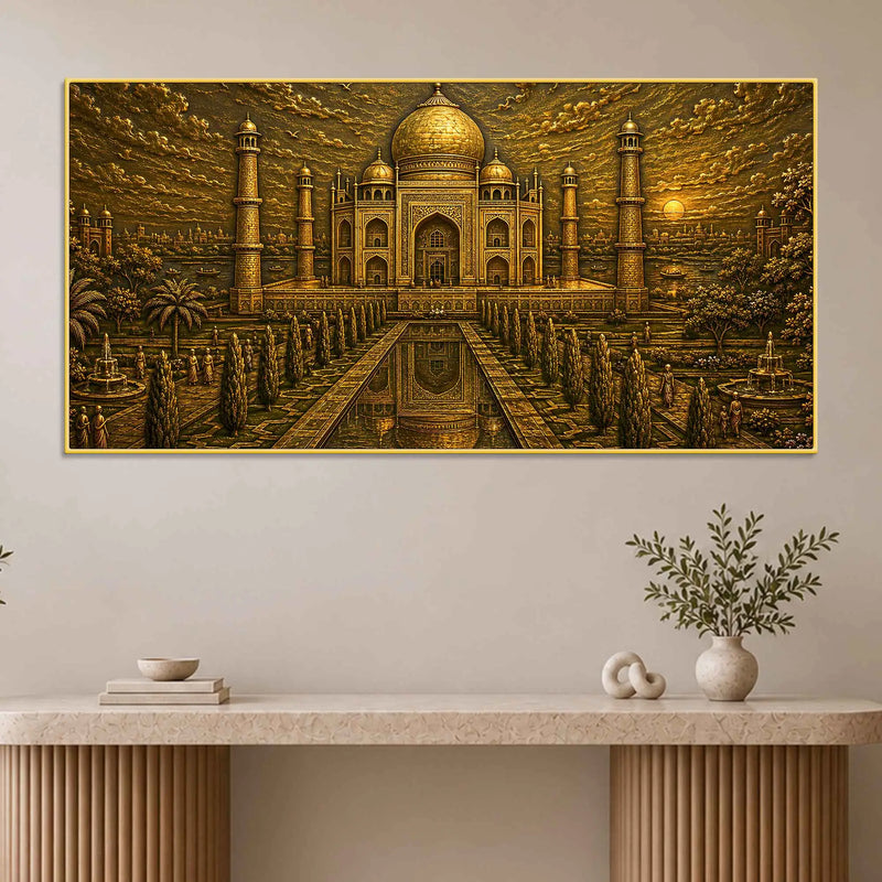 Taj Mahal at Sunset Golden Metallic Look 3D Canvas Wall Painting