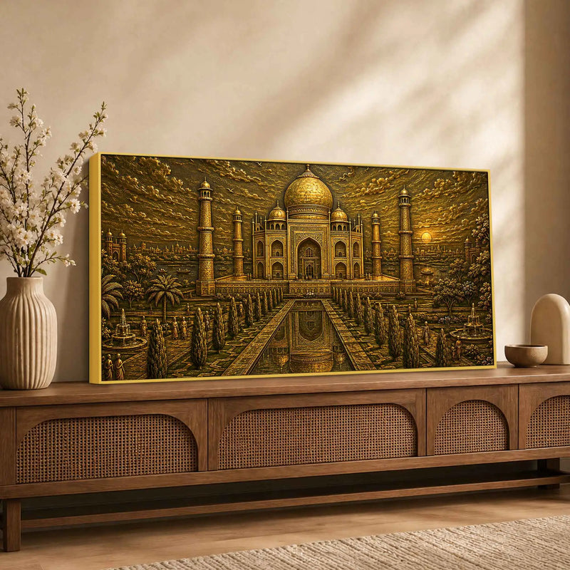 Taj Mahal at Sunset Golden Metallic Look 3D Canvas Wall Painting
