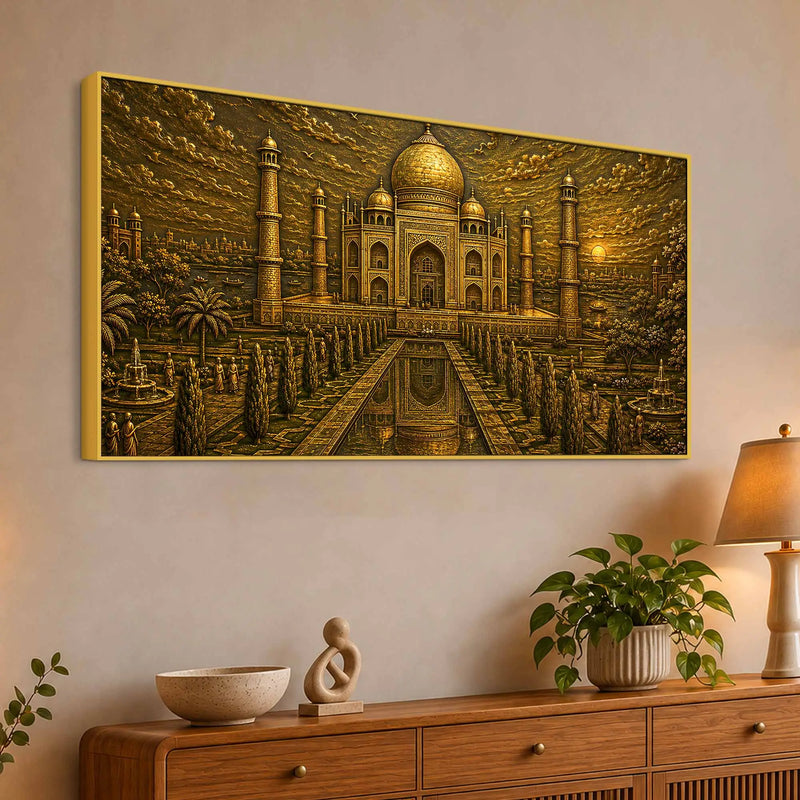 Taj Mahal at Sunset Golden Metallic Look 3D Canvas Wall Painting