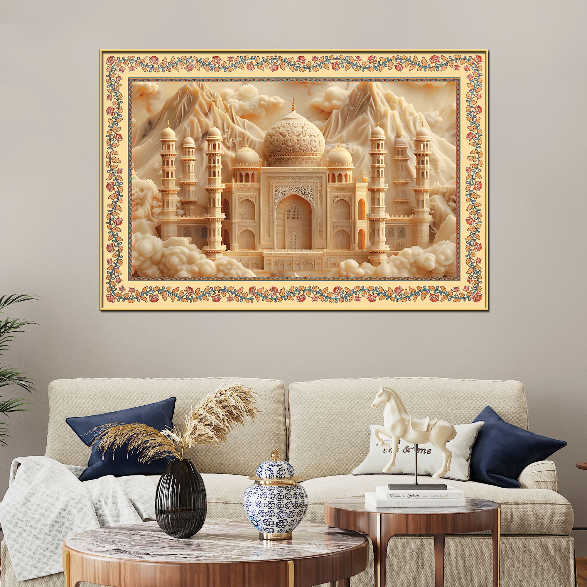 Taj Mahal Majestic Mosque Floral Border Canvas Wall Painting