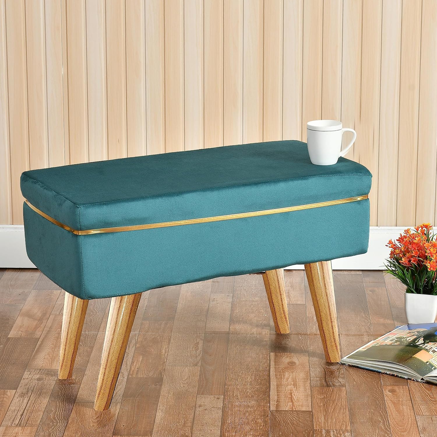 Teal Velvet Ottoman Bench with Golden Classic Legs