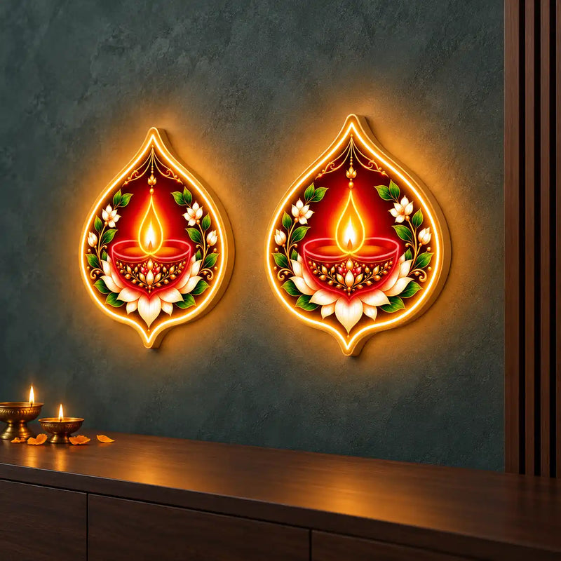 Teardrop Diya Neon Wall Lights with Lotus Design for Home, Mandir & Shop Decoration
