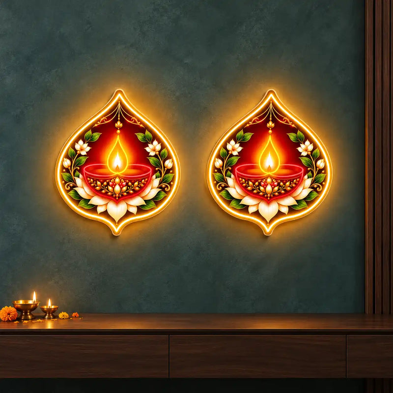 Teardrop Diya Neon Wall Lights with Lotus Design for Home, Mandir & Shop Decoration